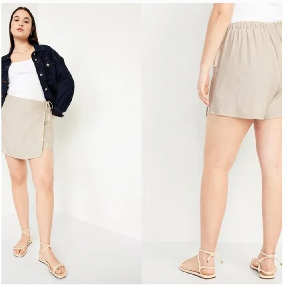 Old Navy Women Linen Preppy Skort Skirt XL‎ Beige Wrap Front Mini Minimalist